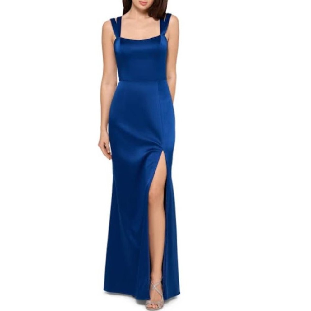 Xscape Double Strap Satin Navy Blue Dress 2